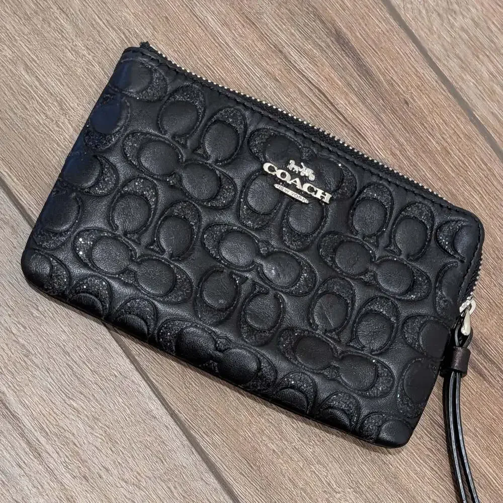 Coach Signature Shimmer Glitter Black Leather Corner Zip Wristlet